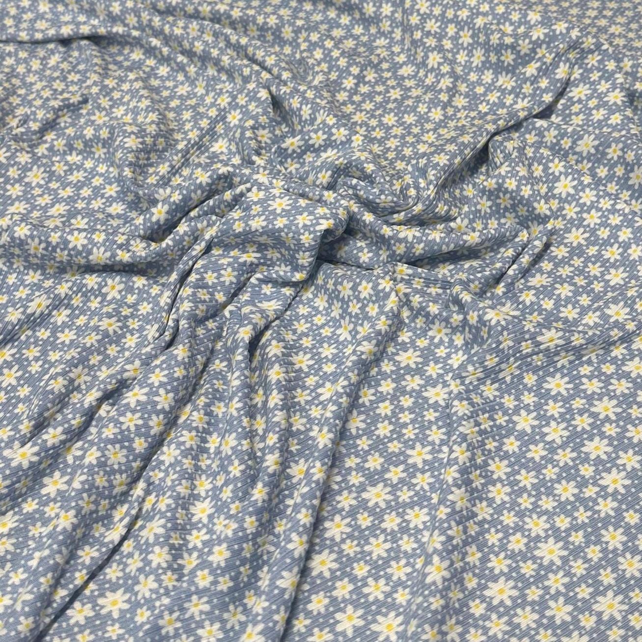 DBP 4x2 Rib Knit Small Flower Denim Daisy Double Brushed Polyester Spandex Floral Fabric By The Yard