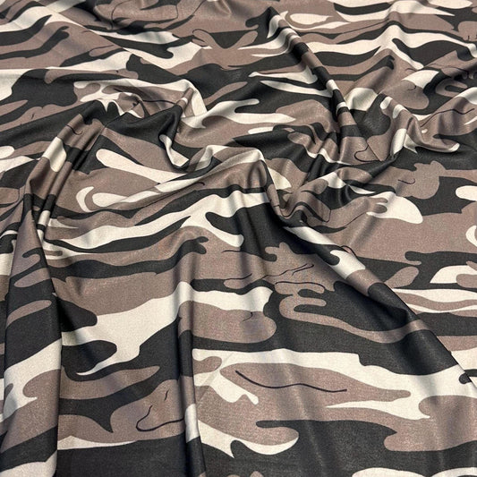 4 Way Stretch Print Nylon Spandex Fabric By The Yard Tricot Swim Wear Bikini Active Wear Camouflage Army Camo Grey Mocha Black