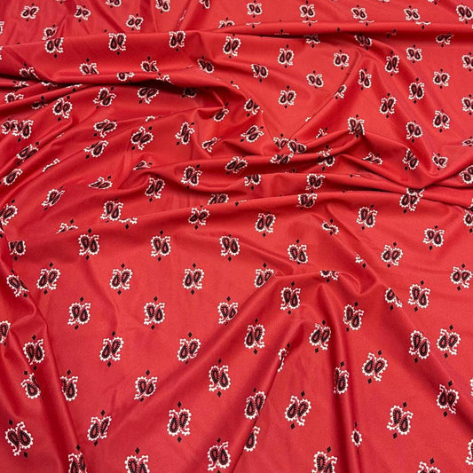 4 Way Stretch Print Nylon Spandex Fabric By The Yard Tricot Swim Wear Bikini Active Wear Red Paisley Print Bandanna