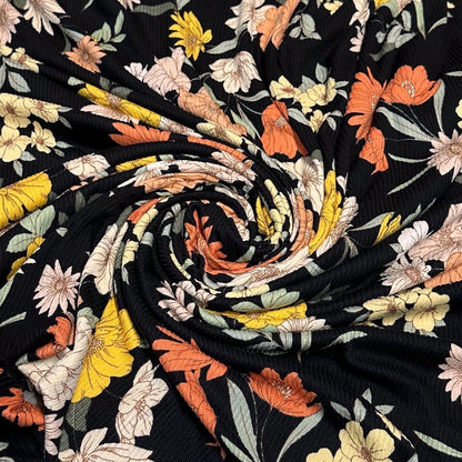 DBP 4x2 Rib Knit Flower Double Brushed Polyester Spandex Vintage Floral Black Yellow Orange Fabric By The Yard