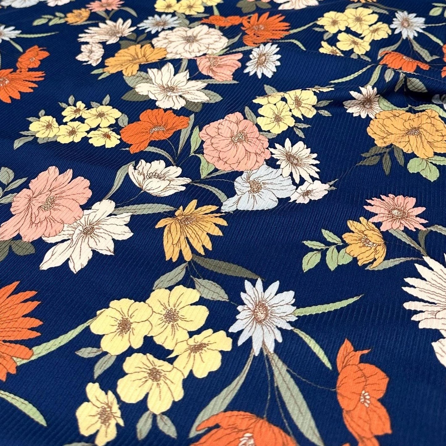 DBP 4x2 Rib Knit Flower Double Brushed Polyester Spandex Vintage Floral Navy Yellow Orange Fabric By The Yard