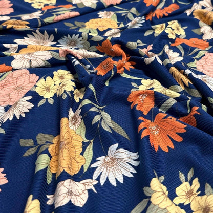 DBP 4x2 Rib Knit Flower Double Brushed Polyester Spandex Vintage Floral Navy Yellow Orange Fabric By The Yard