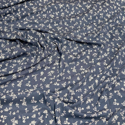 DBP 4x2 Rib Knit Flower Double Brushed Polyester Spandex Vintage Ditsy Floral Monotone Denim Fabric By The Yard