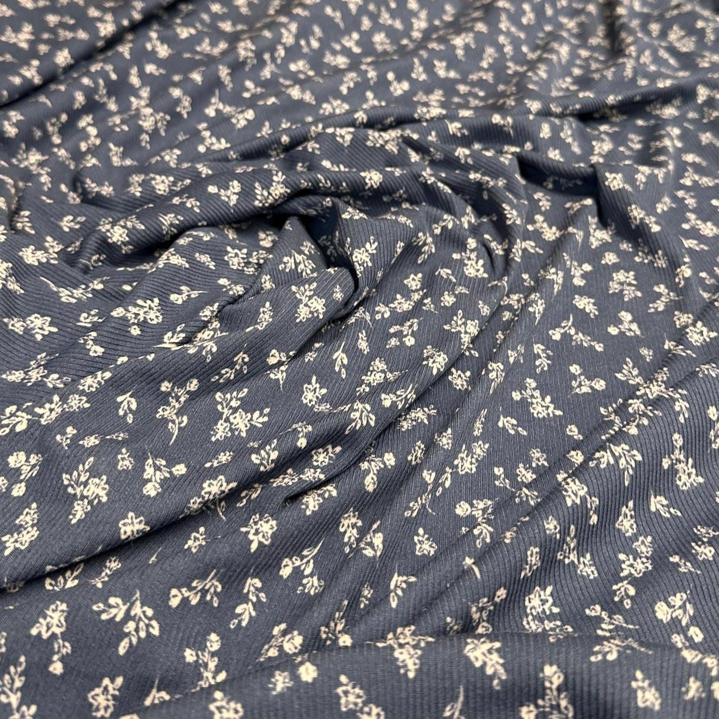 DBP 4x2 Rib Knit Flower Double Brushed Polyester Spandex Vintage Ditsy Floral Monotone Denim Fabric By The Yard