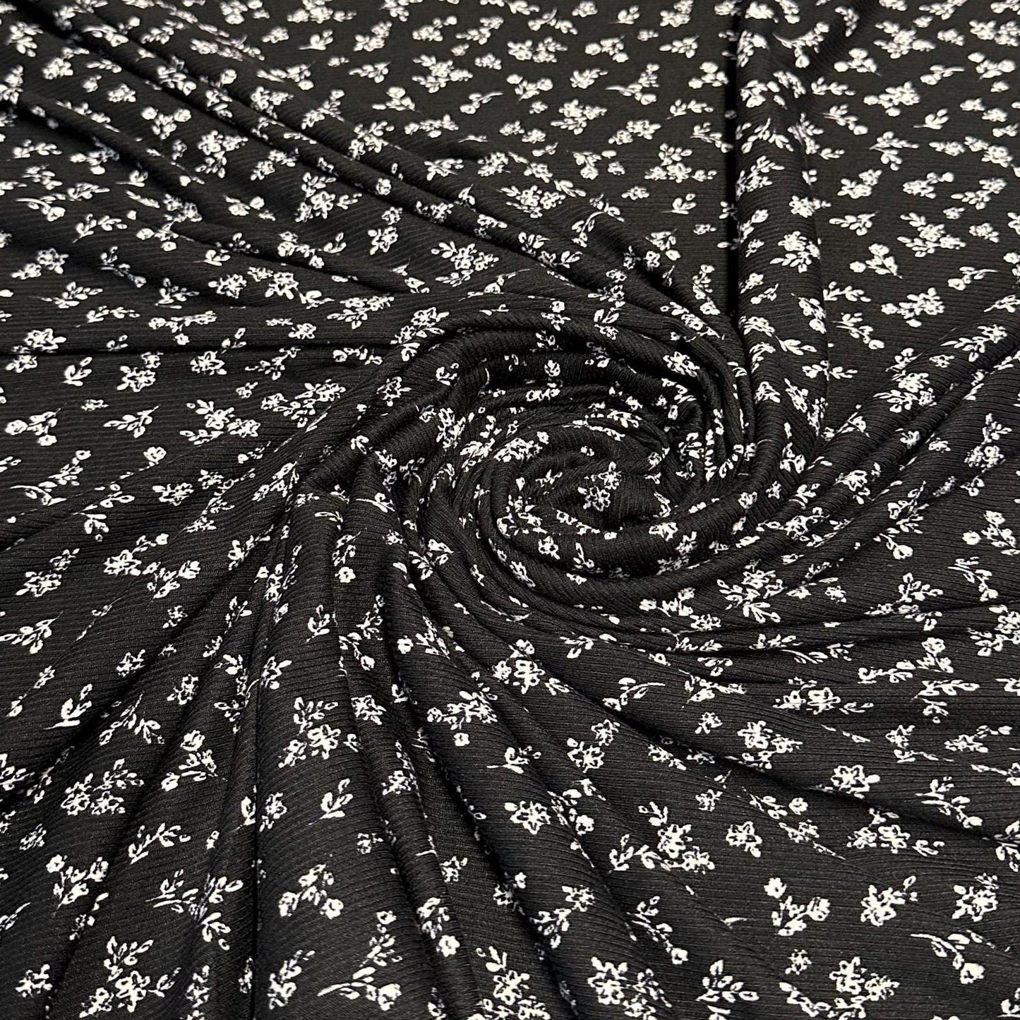 DBP 4x2 Rib Knit Mini Flower Double Brushed Polyester Spandex Vintage Ditsy Floral Monotone Black Fabric By The Yard