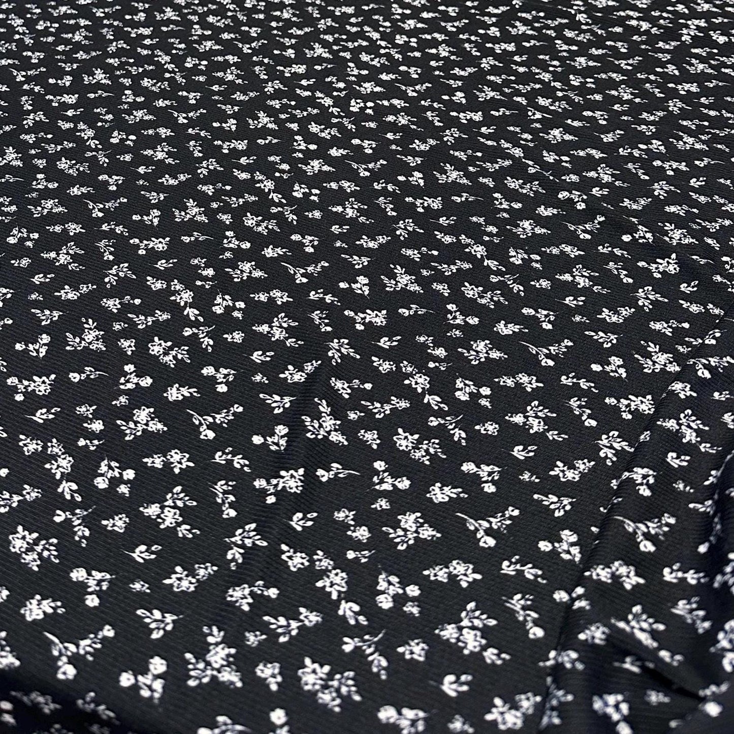 DBP 4x2 Rib Knit Mini Flower Double Brushed Polyester Spandex Vintage Ditsy Floral Monotone Black Fabric By The Yard