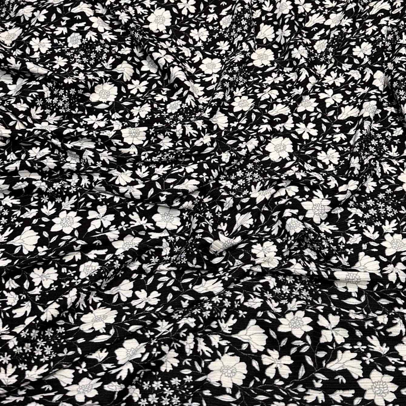 DBP 4x2 Rib Knit Flower Double Brushed Polyester Spandex Vintage Ditsy Floral Monotone Black Fabric By The Yard