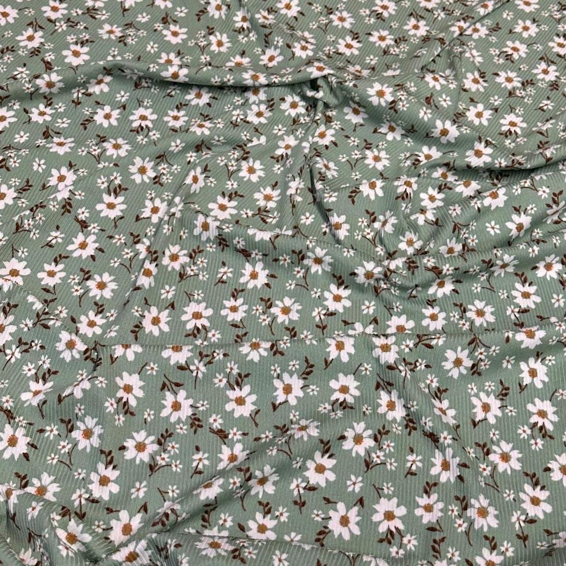 DBP 4x2 Rib Knit Mini Flower Double Brushed Polyester Spandex Vintage Ditsy Daisy Floral Monotone Sage Fabric By The Yard