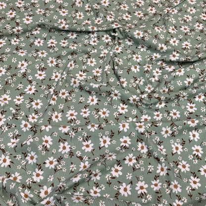 DBP 4x2 Rib Knit Mini Flower Double Brushed Polyester Spandex Vintage Ditsy Daisy Floral Monotone Sage Fabric By The Yard