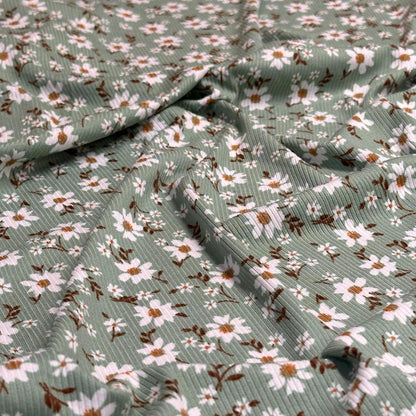 DBP 4x2 Rib Knit Mini Flower Double Brushed Polyester Spandex Vintage Ditsy Daisy Floral Monotone Sage Fabric By The Yard