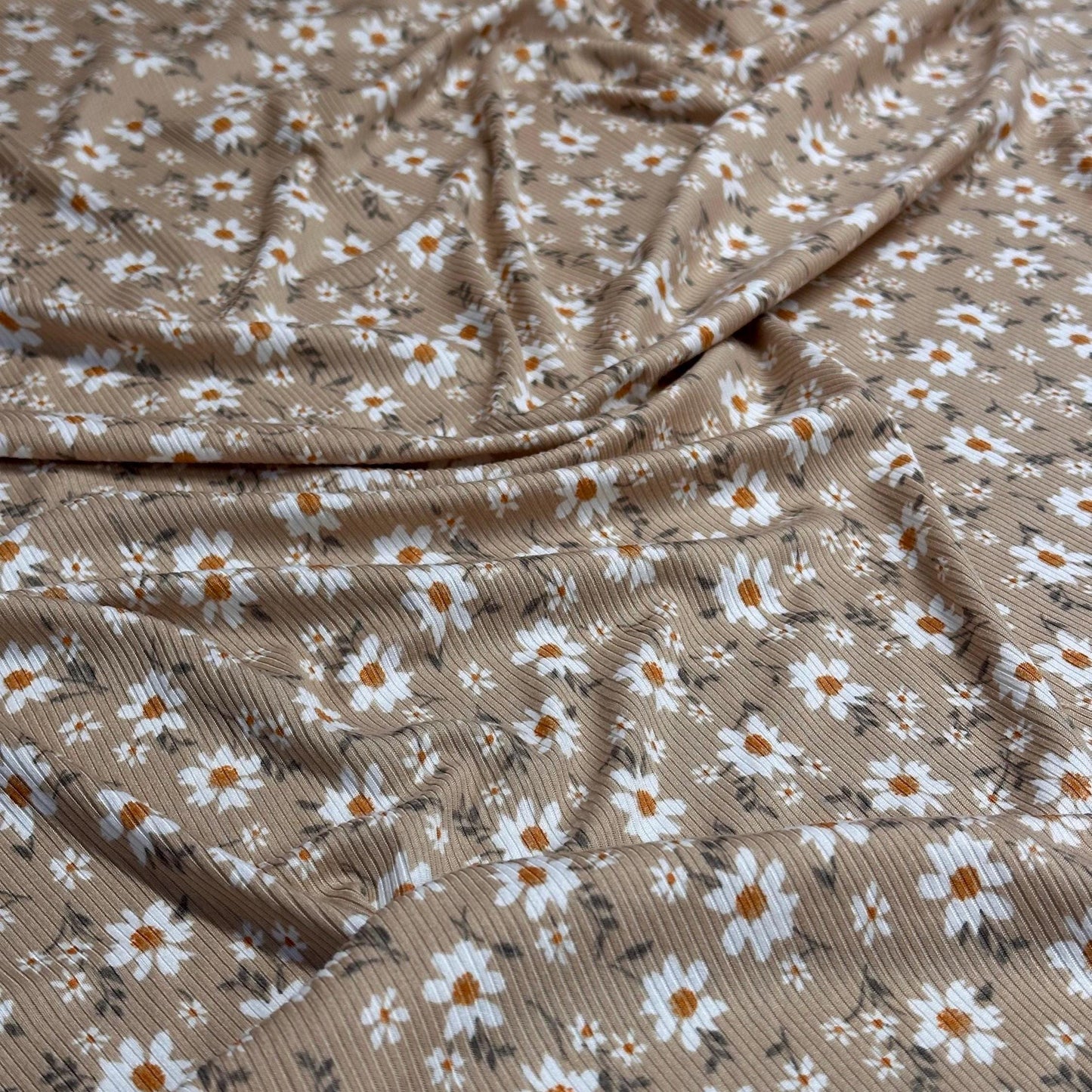 DBP 4x2 Rib Knit Mini Flower Double Brushed Polyester Spandex Vintage Ditsy Daisy Floral Khaki Fabric By The Yard