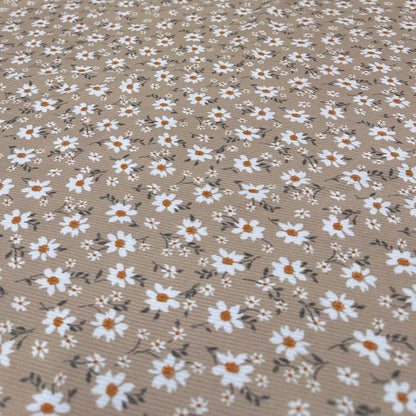 DBP 4x2 Rib Knit Mini Flower Double Brushed Polyester Spandex Vintage Ditsy Daisy Floral Khaki Fabric By The Yard