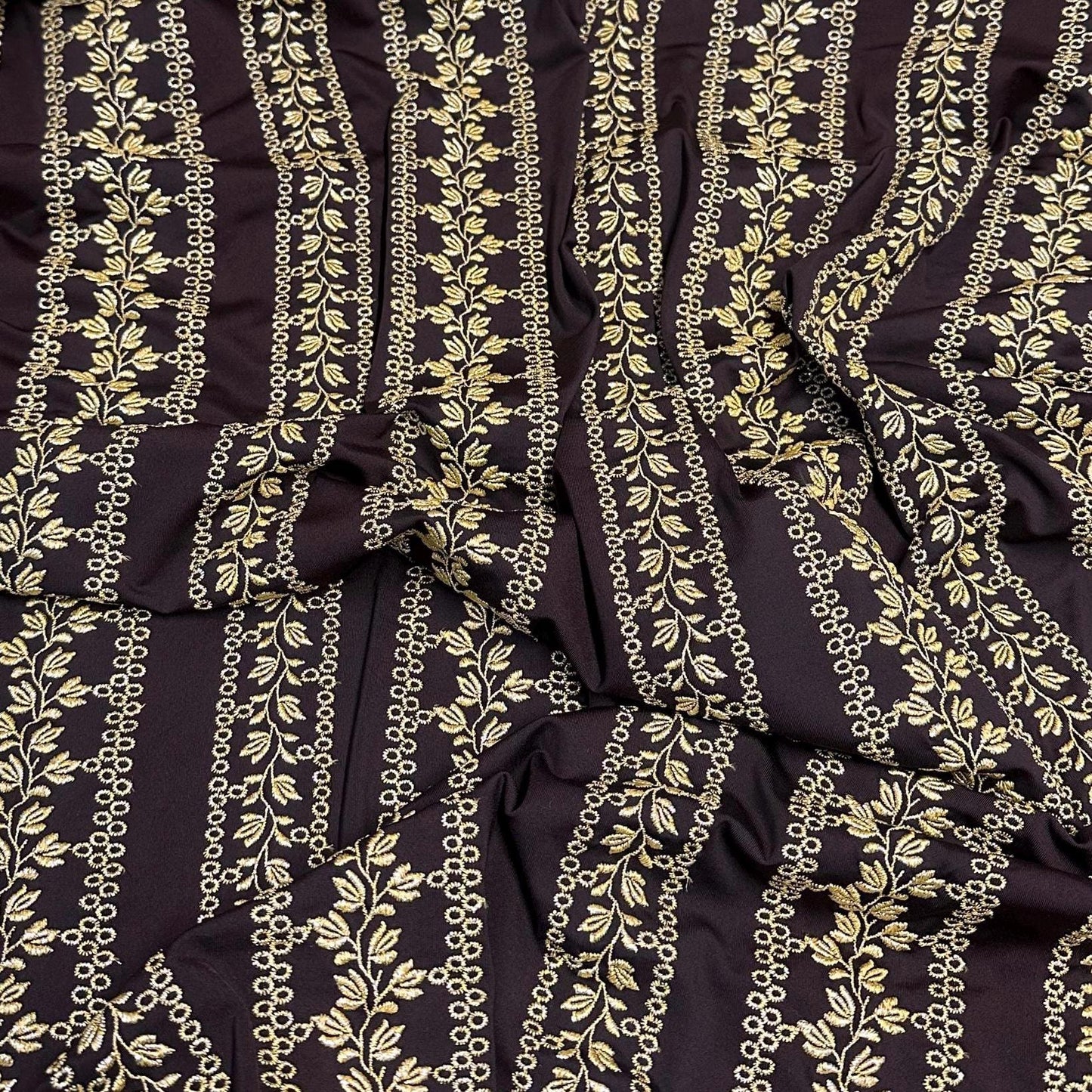 4 Way Stretch Print Nylon Spandex Fabric By The Yard Tricot Swim Wear Bikini Active Wear Embroidered Texture Eyelet Brown Gold