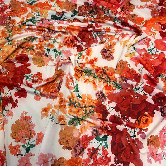 4 Way Stretch Print Nylon Spandex Fabric By The Yard Tricot Swim Wear Bikini Active Wear Multicolor Floral Carnation White Red Orange Flower