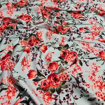 4 Way Stretch Print Nylon Spandex Fabric By The Yard Tricot Swim Wear Bikini Active Wear Rose Floral Carnation Soft Blue Red  Flower