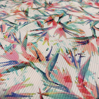 4 Way Stretch Print Rib Nylon Spandex Fabric By The Yard Tricot Swim Wear Bikini Active Wear Bird of Paradise Leaf Tropical Tree