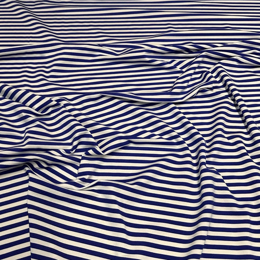 4 Way Stretch Print Nylon Spandex Fabric By The Yard Tricot Swim Wear Bikini Active Wear 1/4 Inch Classic Stripe Royal Blue White