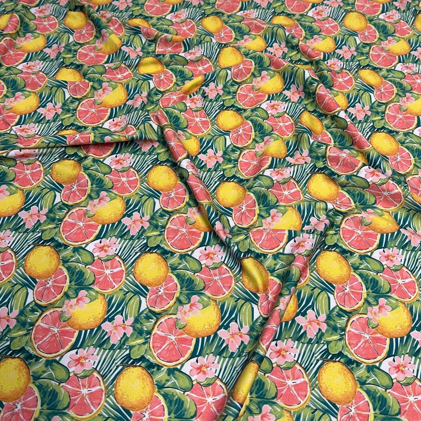 4 Way Stretch Print Spandex Fabric By The Yard Tricot Swim Wear Bikini Tropical Grapefruit  Lemon Fruit  Floral Leaves