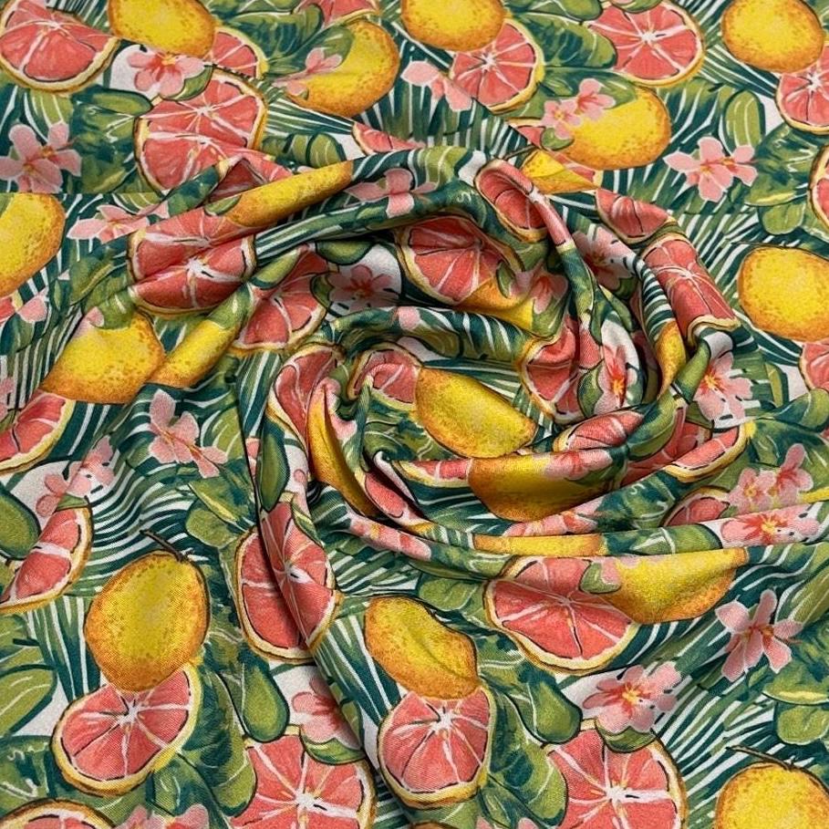 4 Way Stretch Print Spandex Fabric By The Yard Tricot Swim Wear Bikini Tropical Grapefruit  Lemon Fruit  Floral Leaves