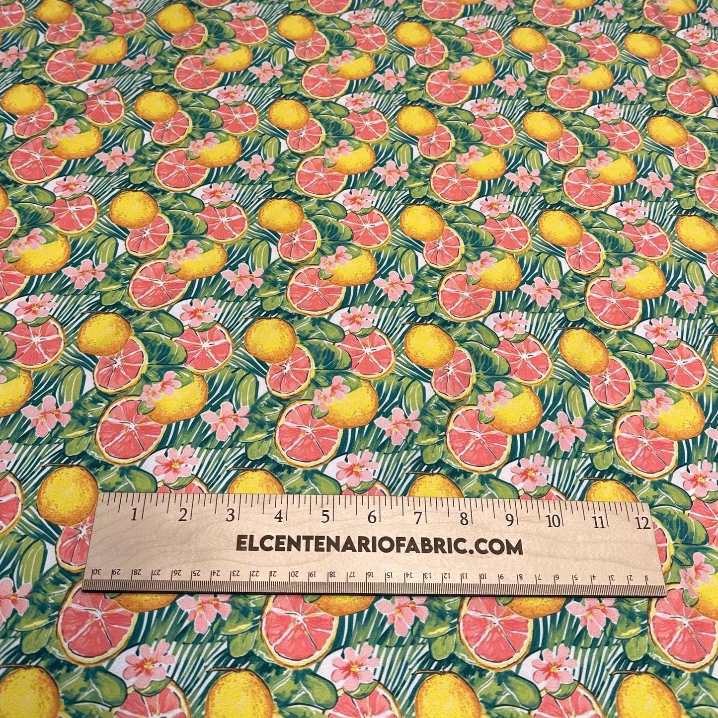 4 Way Stretch Print Spandex Fabric By The Yard Tricot Swim Wear Bikini Tropical Grapefruit  Lemon Fruit  Floral Leaves