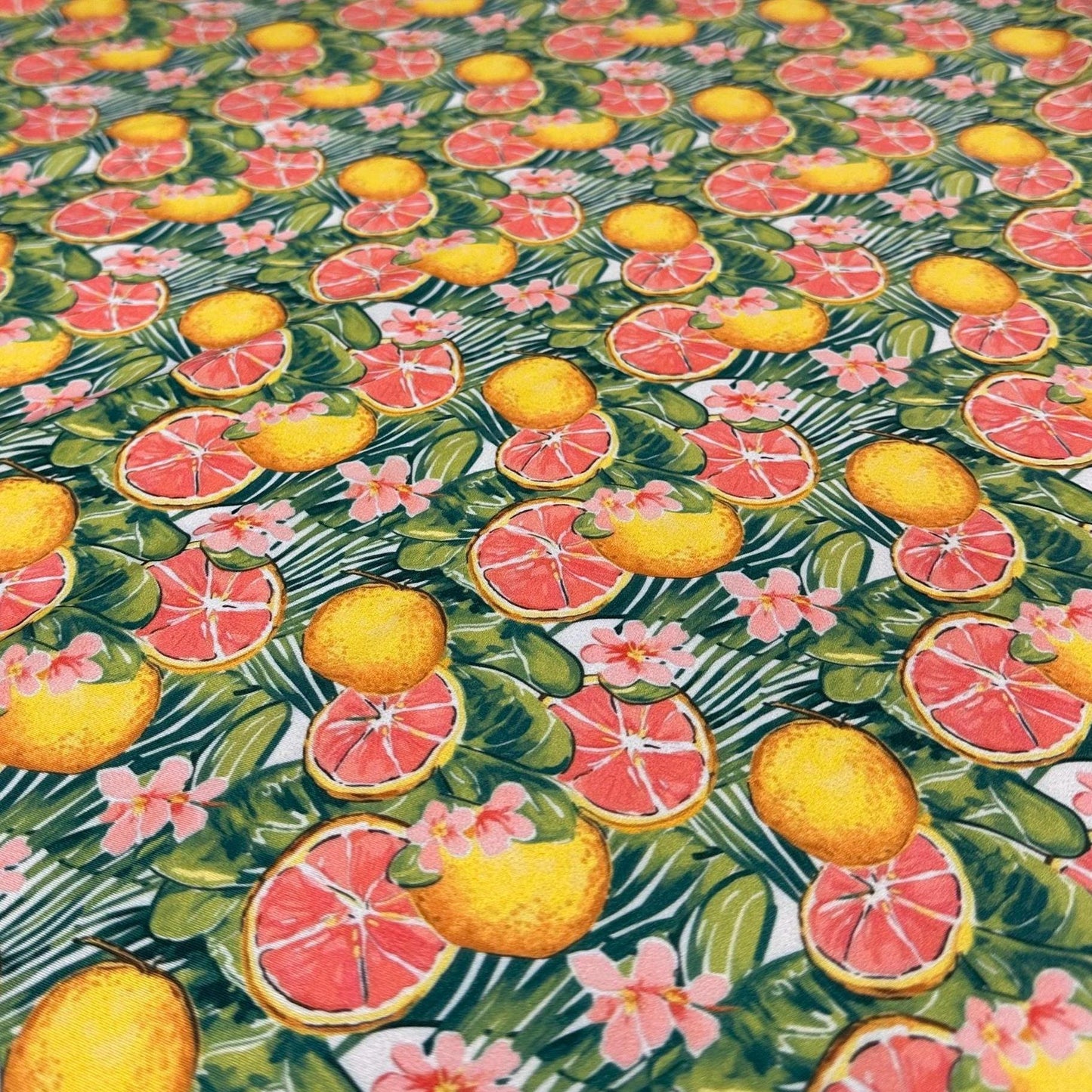 4 Way Stretch Print Spandex Fabric By The Yard Tricot Swim Wear Bikini Tropical Grapefruit  Lemon Fruit  Floral Leaves