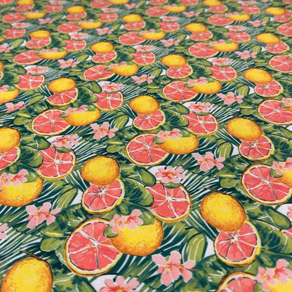 4 Way Stretch Print Spandex Fabric By The Yard Tricot Swim Wear Bikini Tropical Grapefruit  Lemon Fruit  Floral Leaves