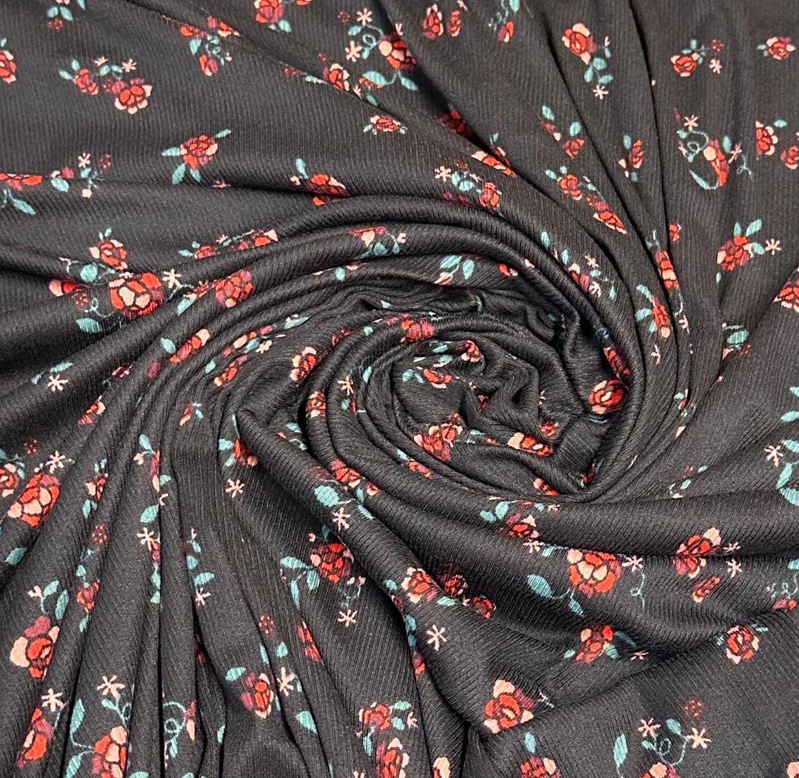 DBP 4x2 Rib Knit Mini Flower Double Brushed Polyester Spandex Vintage Ditsy Daisy Floral Monotone Black Red Fabric By The Yard