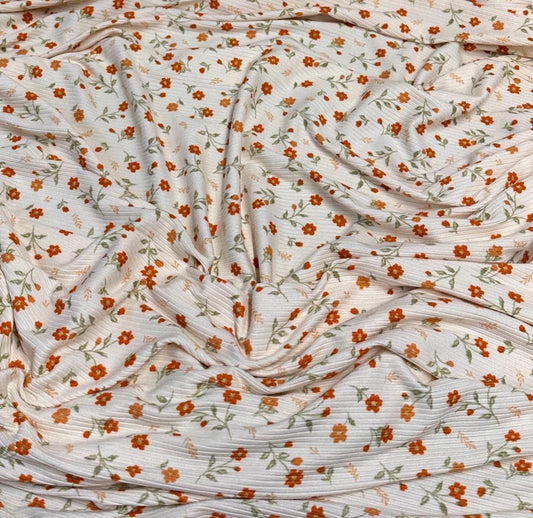 DBP 4x2 Rib Knit Mini Flower Double Brushed Polyester Spandex Vintage Ditsy Daisy Floral Monotone Cream Coral Fabric By The Yard