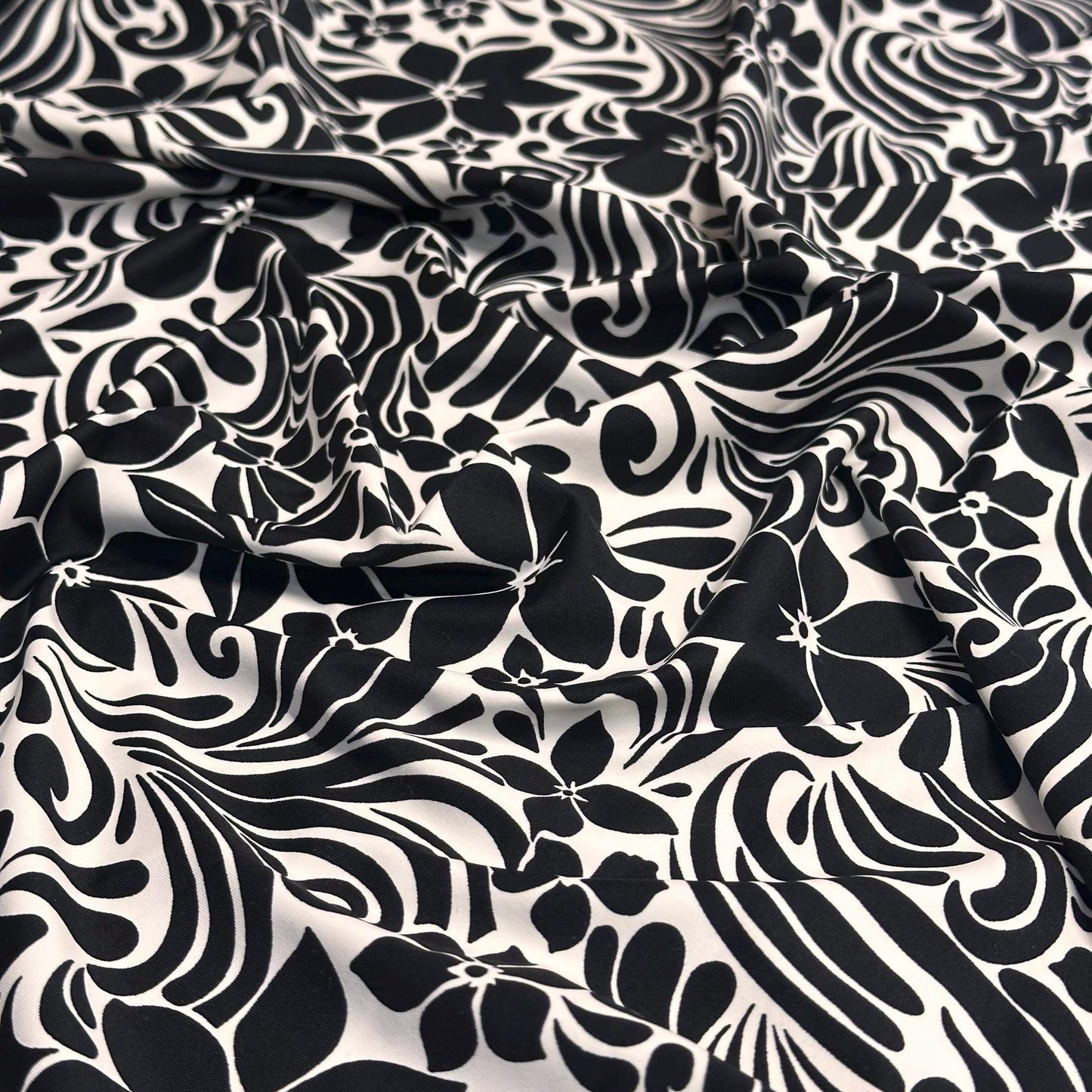 4 Way Stretch Print Nylon Spandex Fabric By The Yard Tricot Swim Wear Bikini Active Wear Abstract Tropical Floral Hibiscus Wave Flower Black