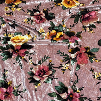 Crushed Velvet Stretch Polyester Fabric By The Yard Vintage Boho Retro Floral Muave Rose Flower Print