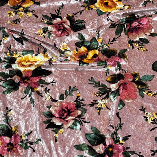 Crushed Velvet Stretch Polyester Fabric By The Yard Vintage Boho Retro Floral Muave Rose Flower Print
