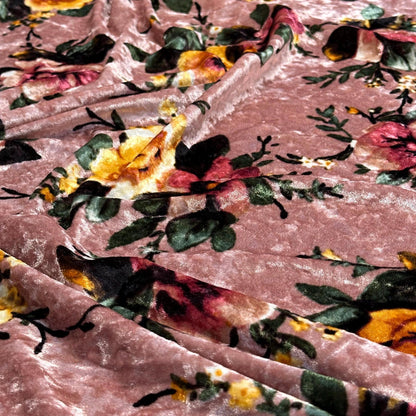 Crushed Velvet Stretch Polyester Fabric By The Yard Vintage Boho Retro Floral Muave Rose Flower Print