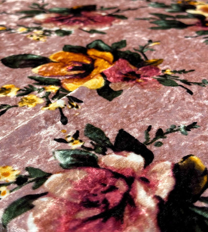Crushed Velvet Stretch Polyester Fabric By The Yard Vintage Boho Retro Floral Muave Rose Flower Print