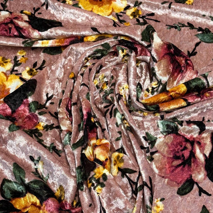 Crushed Velvet Stretch Polyester Fabric By The Yard Vintage Boho Retro Floral Muave Rose Flower Print