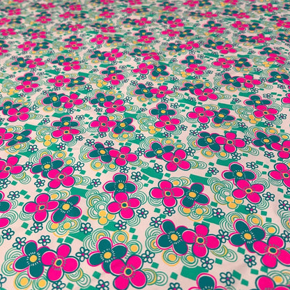 4 Way Stretch Print Nylon Spandex Fabric By The Yard Tricot Swim Wear Bikini Active Wear Jade Pink Multicolor Daisy 70s Retro Vintage