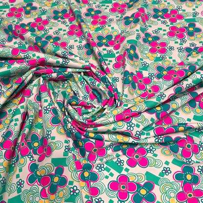 4 Way Stretch Print Nylon Spandex Fabric By The Yard Tricot Swim Wear Bikini Active Wear Jade Pink Multicolor Daisy 70s Retro Vintage