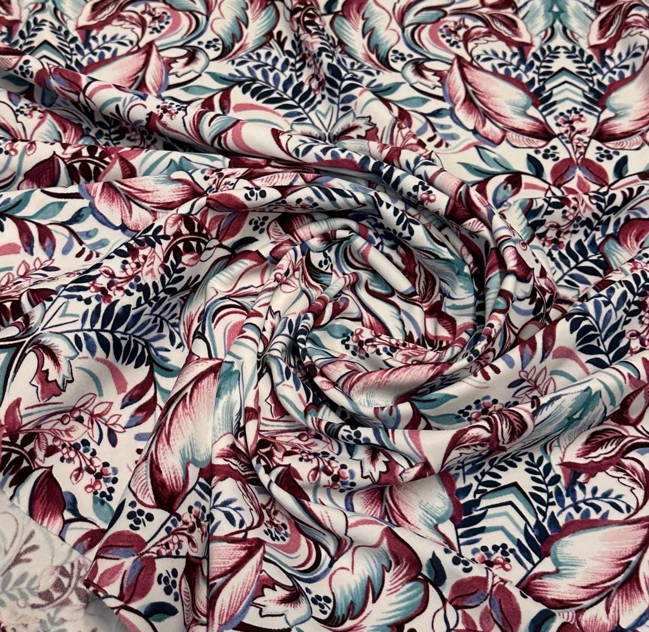 4 Way Stretch Print Nylon Spandex Fabric By The Yard Tricot Swim Wear Bikini Active Wear Floral Flower Leaf Teal Wine