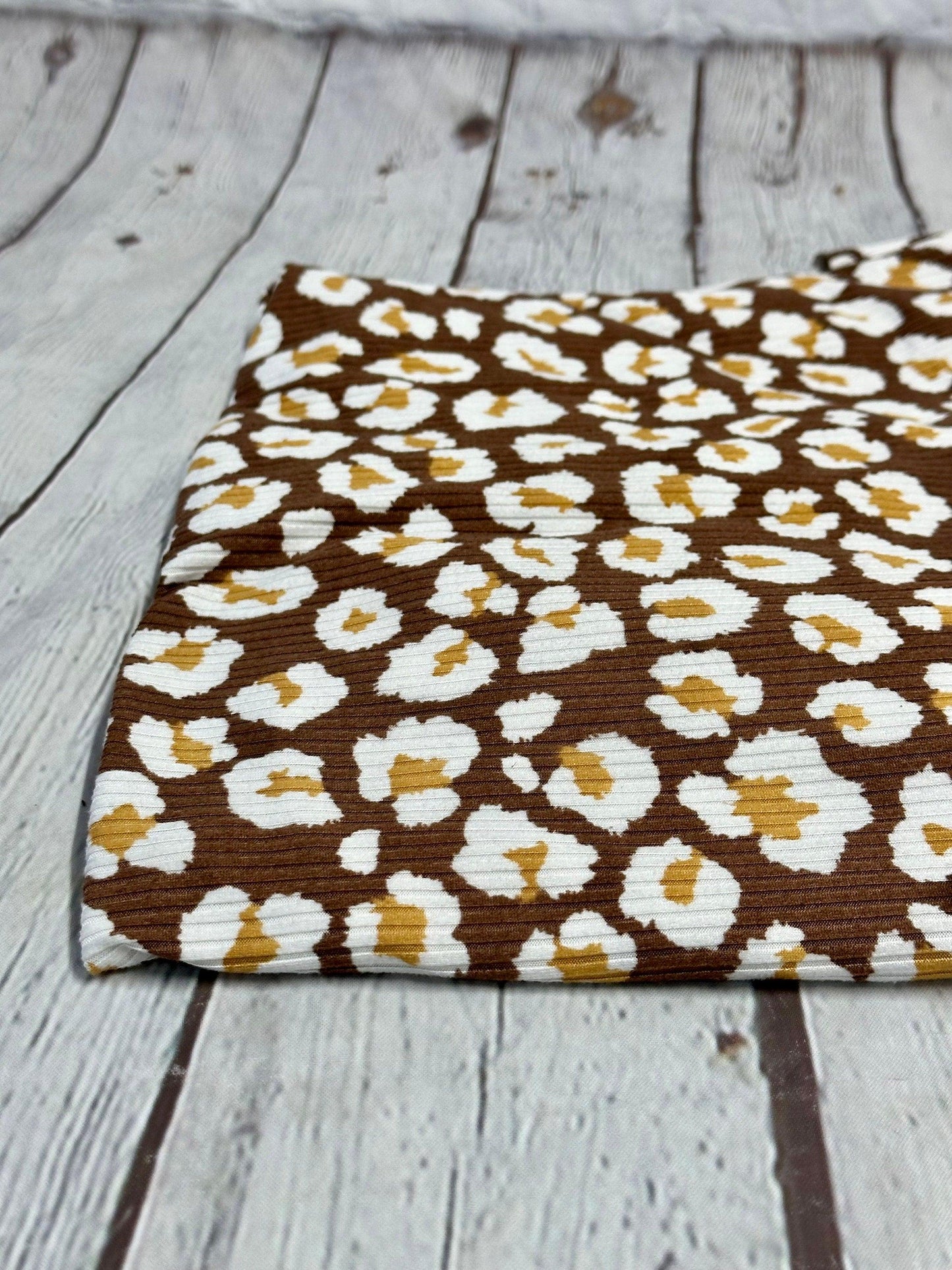 DBP 4x2 Rib Knit Double Brushed White Brown Animal Print Leopard Cheetah Polyester Fabric By The Yard