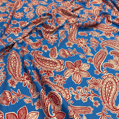 4 Way Stretch Print Nylon Spandex Fabric By The Yard Tricot Swim Wear Bikini Active Wear Paisley Shapes Floral Flower Blue Red