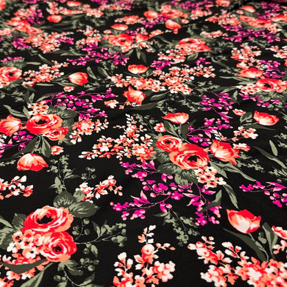 4 Way Stretch Print Nylon Spandex Fabric By The Yard Tricot Swim Wear Bikini Active Wear Tropical Floral Flower Black Magenta Red