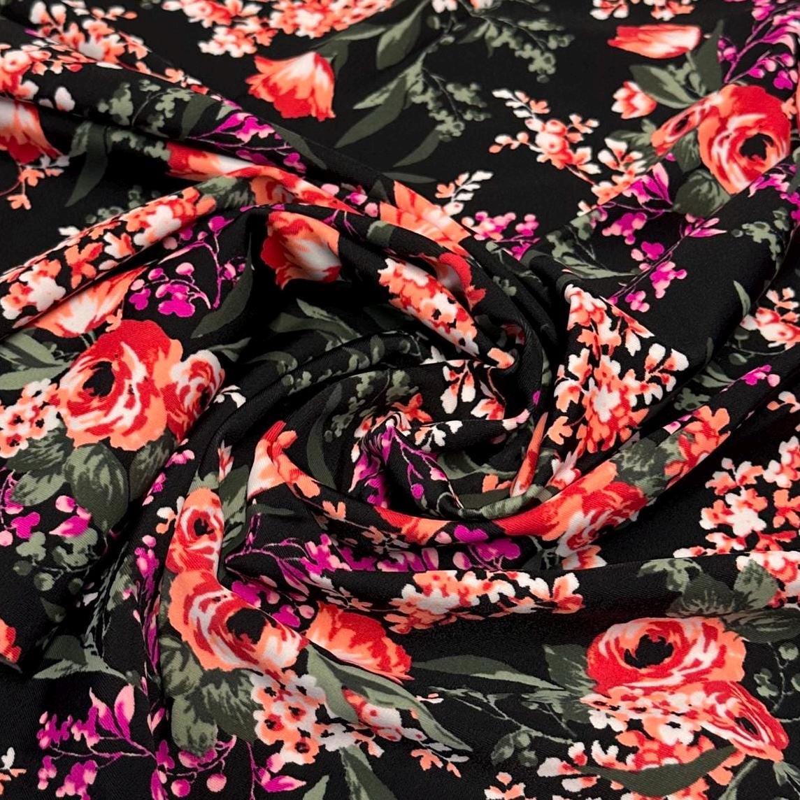 4 Way Stretch Print Nylon Spandex Fabric By The Yard Tricot Swim Wear Bikini Active Wear Tropical Floral Flower Black Magenta Red