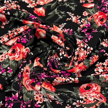 4 Way Stretch Print Nylon Spandex Fabric By The Yard Tricot Swim Wear Bikini Active Wear Tropical Floral Flower Black Magenta Red