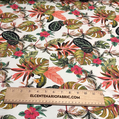 4 Way Stretch Print Rib Nylon Spandex Fabric By The Yard Tricot Swim Wear Bikini Active Wear Leaf Tropical Tree