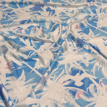 4 Way Stretch Print Nylon Spandex Fabric By The Yard Tricot Swim Wear Bikini Active Wear Tropical Ocean Palm Tree Beach Seagull Baby Blue