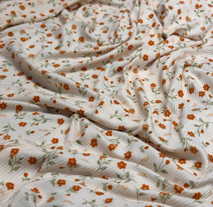 DBP 4x2 Rib Knit Mini Flower Double Brushed Polyester Spandex Vintage Ditsy Daisy Floral Monotone Cream Coral Fabric By The Yard