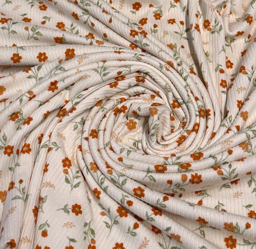 DBP 4x2 Rib Knit Mini Flower Double Brushed Polyester Spandex Vintage Ditsy Daisy Floral Monotone Cream Coral Fabric By The Yard