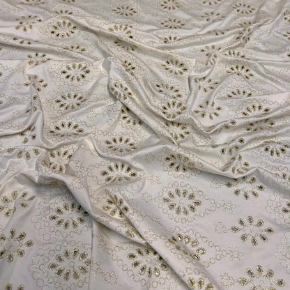 4 Way Stretch Print Nylon Spandex Fabric By The Yard Tricot Swim Wear Bikini Active Wear Embroidered Texture Eyelet Ivory Gold Lurix