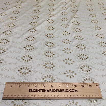 4 Way Stretch Print Nylon Spandex Fabric By The Yard Tricot Swim Wear Bikini Active Wear Embroidered Texture Eyelet Ivory Gold Lurix