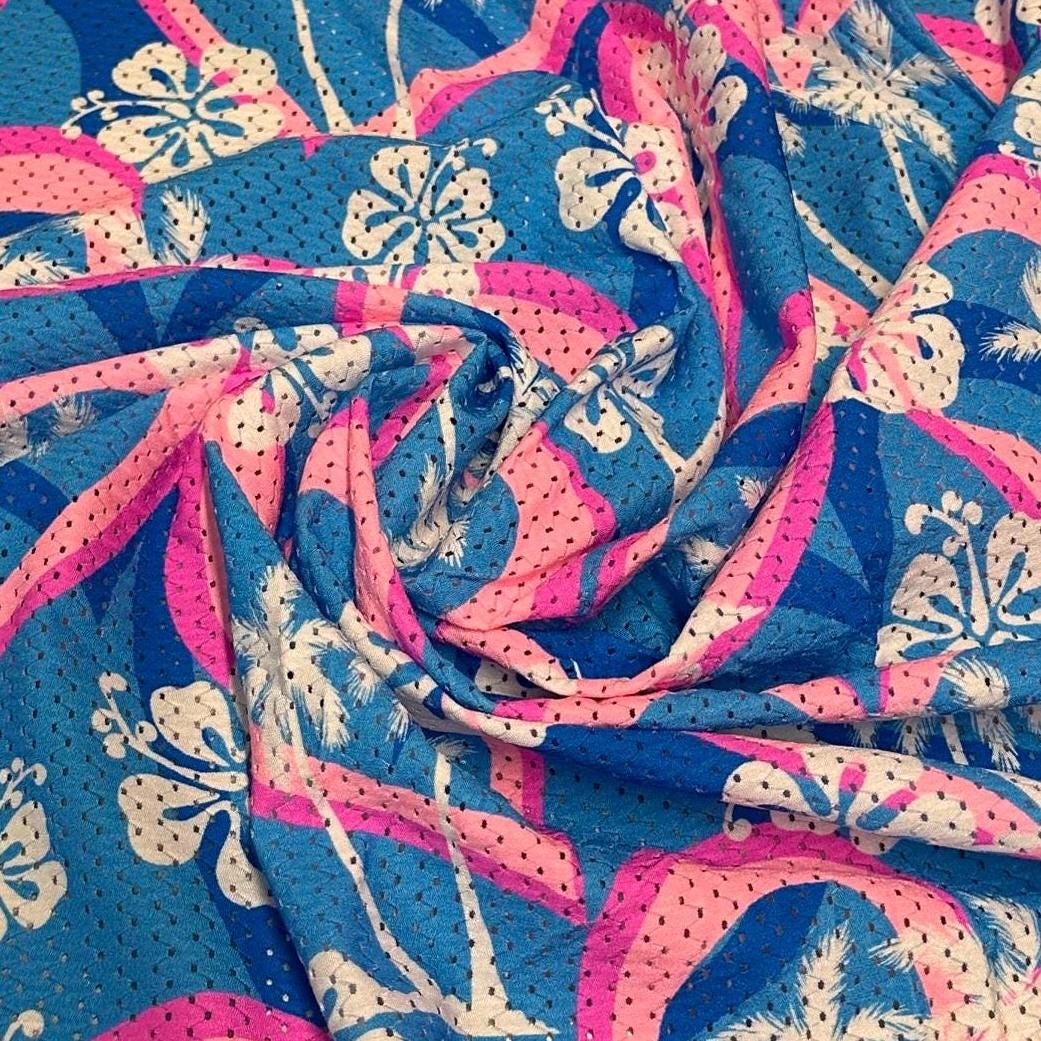 4 Way Stretch Print Poly Spandex Mesh Fabric By The Yard Terry Swim Wear Bikini Active Wear Multicolor Tropical Palm  70s Retro Vintage