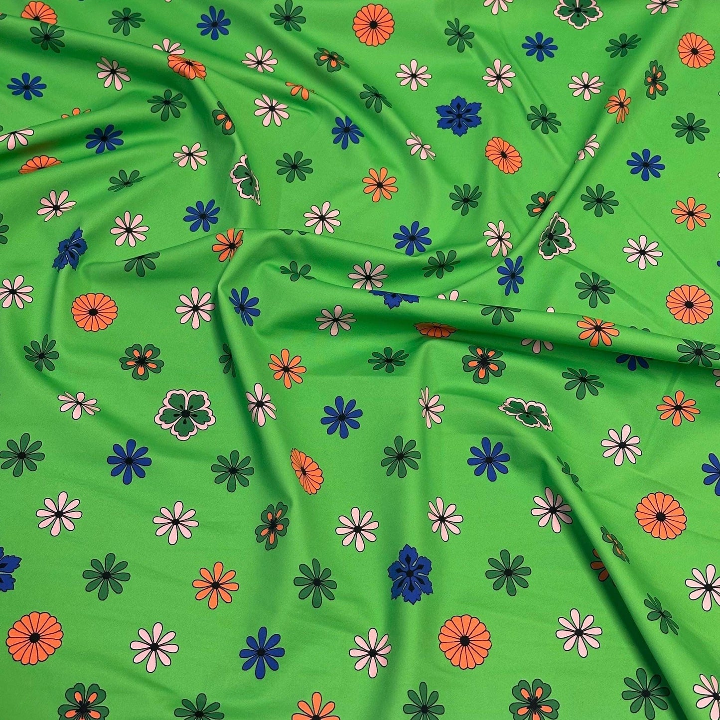 4 Way Stretch Print Nylon Spandex Fabric By The Yard Tricot Swim Wear Bikini Active Wear Green Ditsy Flower Daisy Floral
